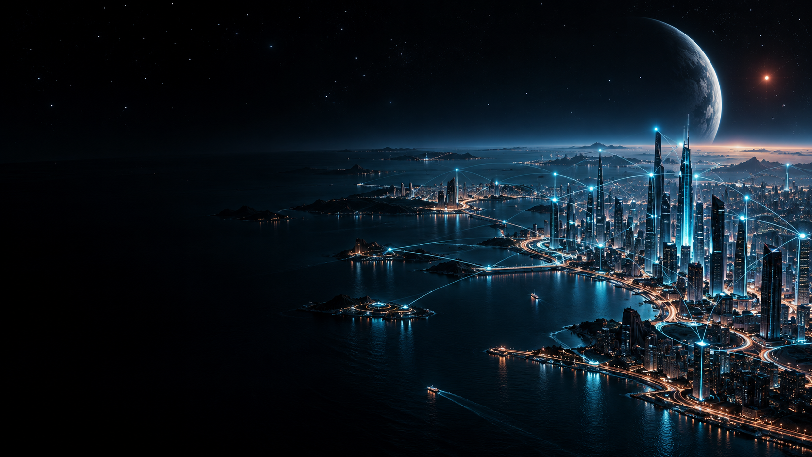 Ciudad futurista conectada bajo un planeta