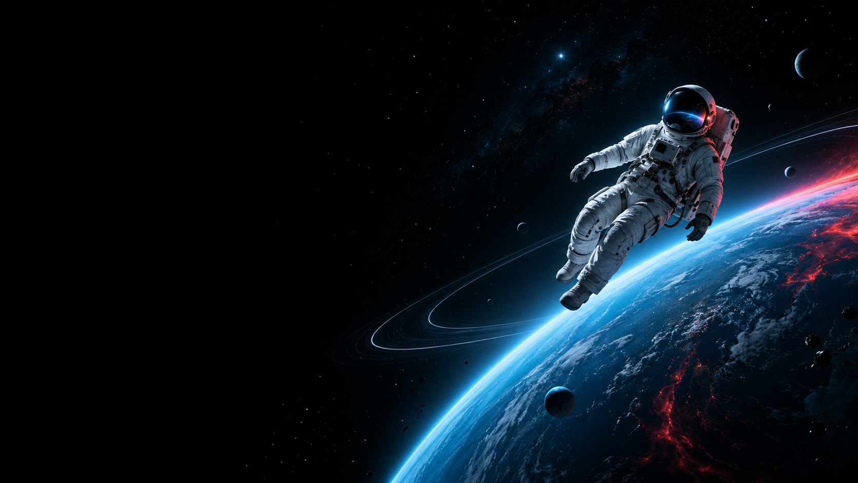 Astronauta orbitando un planeta digital